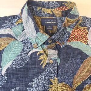 Arthouse Pineapple Shirt Mens XL Navy Blue Leopard Print Cotton Hawaiian Aloha